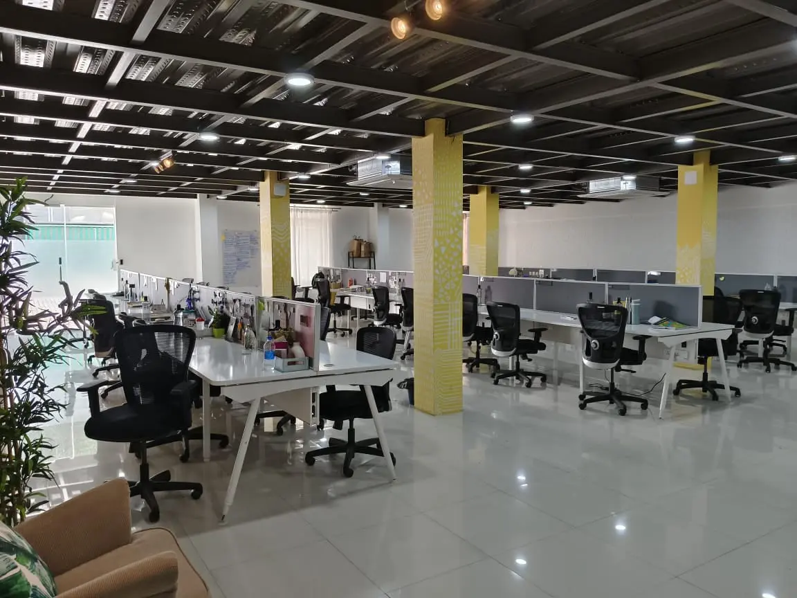 DHI Innovations — premium coworking floor with greenery and ergonomic workstations
